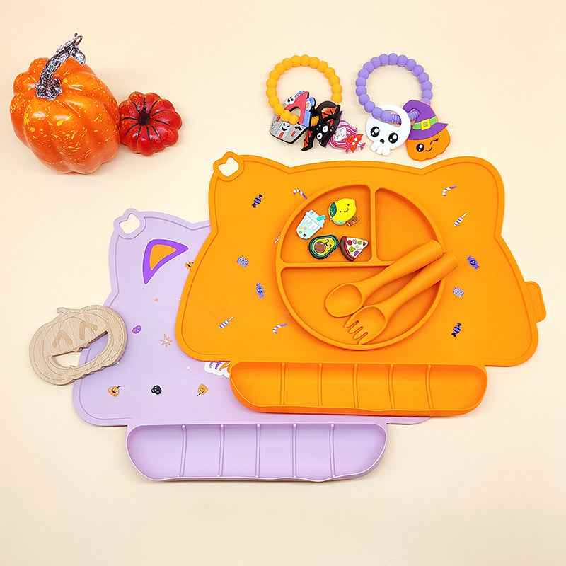 Cross-border baby placemat, thermal insulation mat, silicone foldable Halloween table mat, printed western food mat, eating mat with pocket