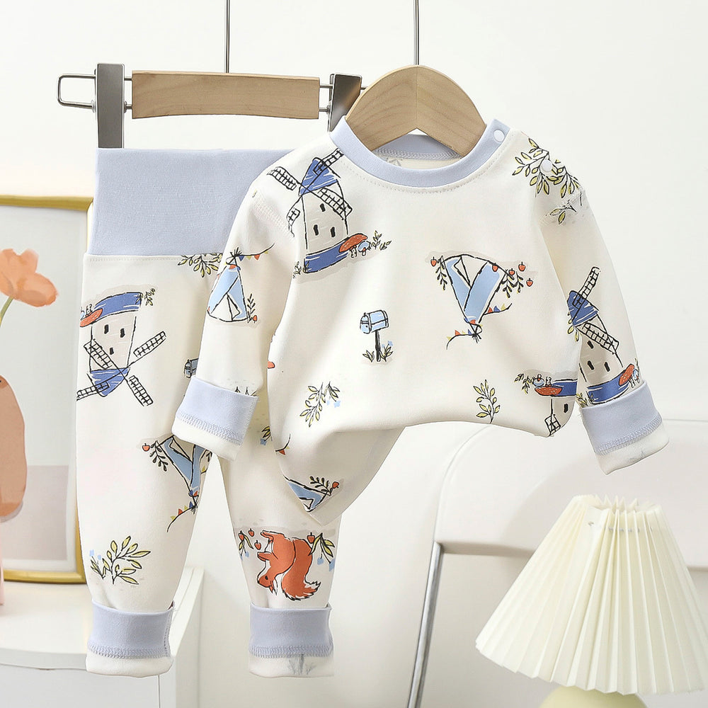 Kidsa type pure cotton boneless cartoon plaidintimates partial placket suit pajamas baby round neck autumn clothes high waist autumn pants