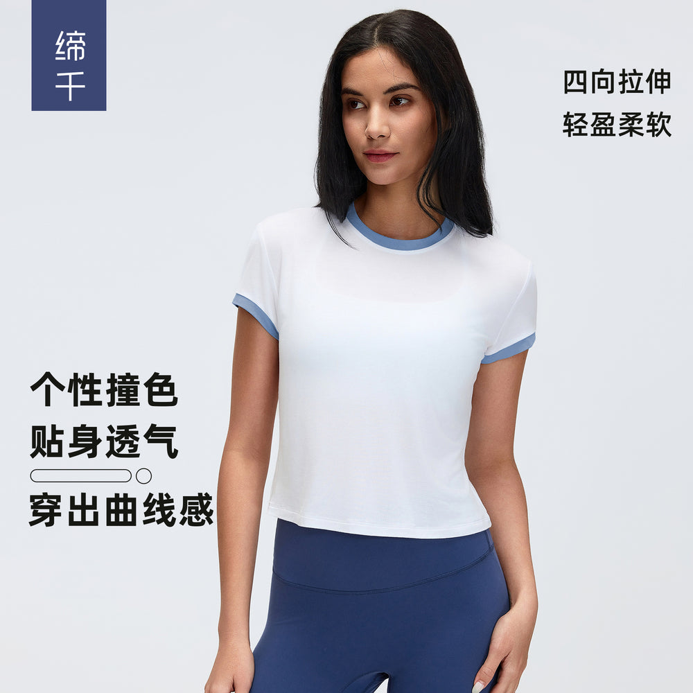 Color block shoulder cropped activewear tee - women's summer solid color crew neck sports yoga top d26053