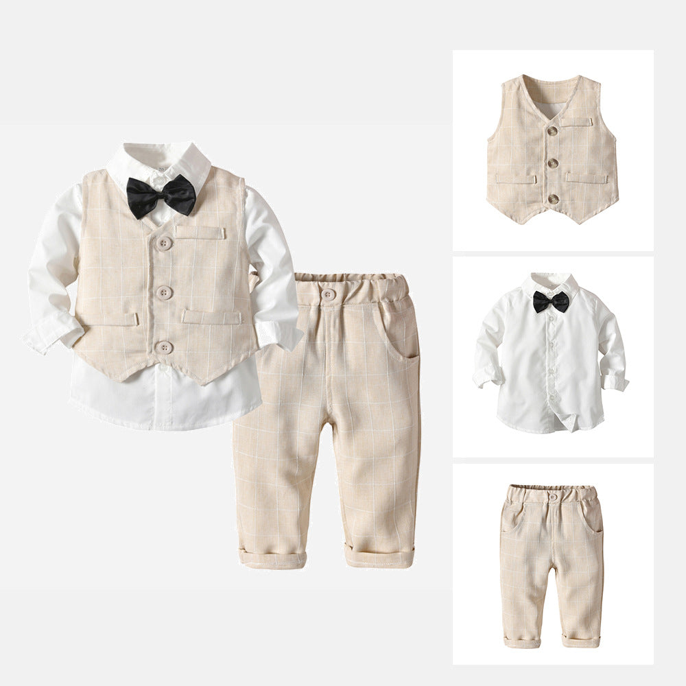 Boys' spring/autumn plaid three-piece set: trendy outfit for baby boys, flower boy style, first birthday celebration, and british-inspired formal wear