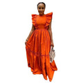 European and american cross-border women's fashion:  summer new arrival - elegant ruffle-trimmed short-sleeve round neck, waist-defining, long, flared dress