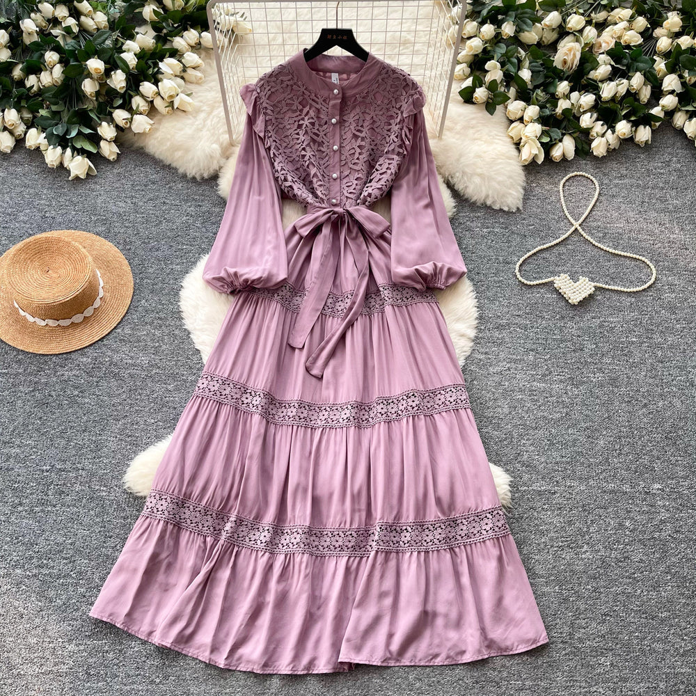 French retro court style lace hollow-out maxi dress - stand collar, summer korean style, long sleeve, cinched waist a-line dress for women