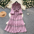 French retro court style lace hollow-out maxi dress - stand collar, summer korean style, long sleeve, cinched waist a-line dress for women