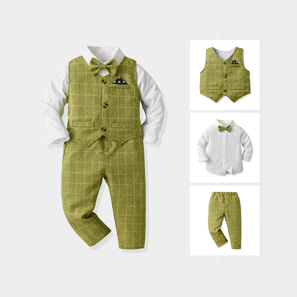 Wholesale branded children's clothing: spring/autumn boys' gentleman's suit, shirt, and vest three-piece set – stylish and fashionable for boys