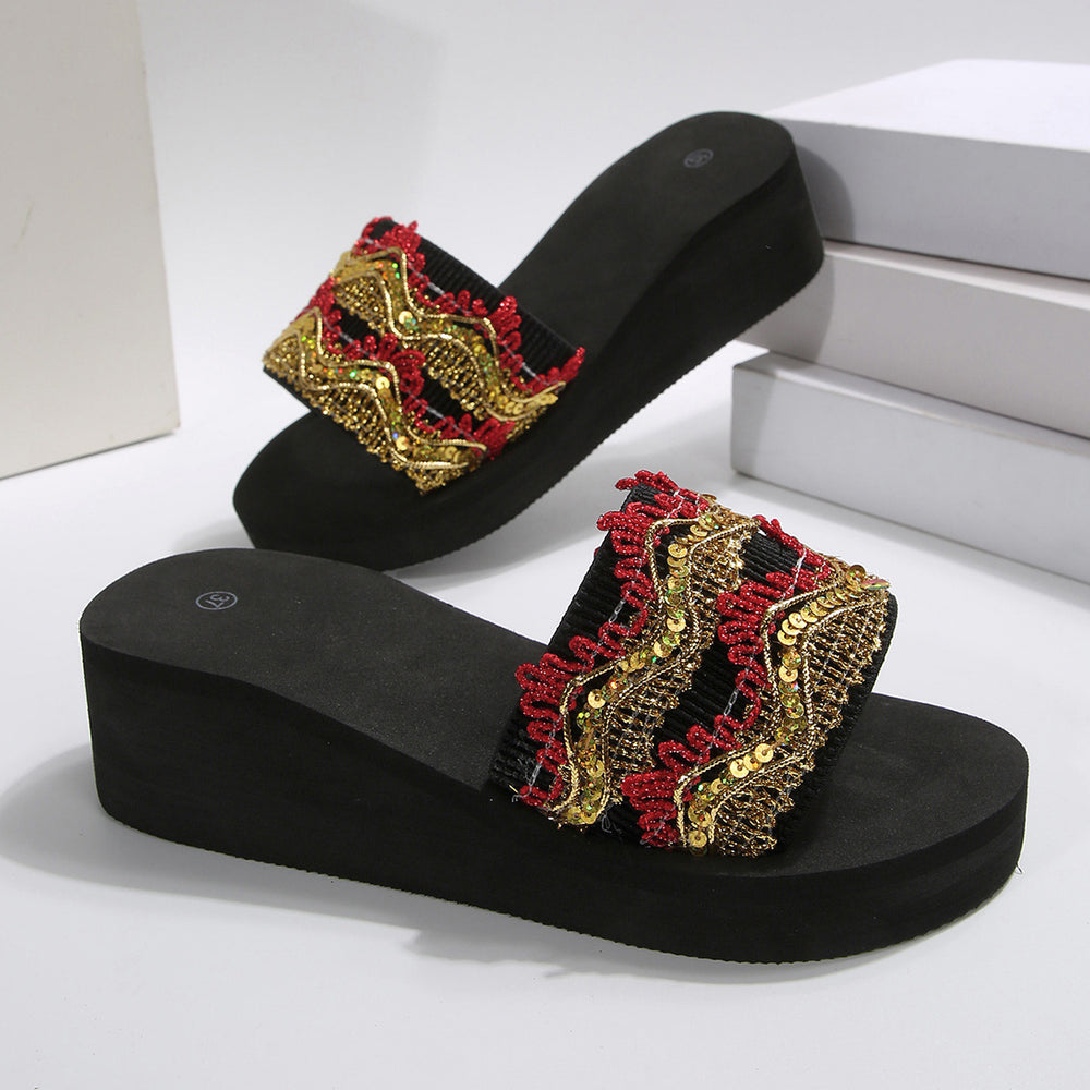 plus size women's slippers for export, 2025 summer outdoor wear, non-slip thick sole wedge heel, ethnic style beach sandals
