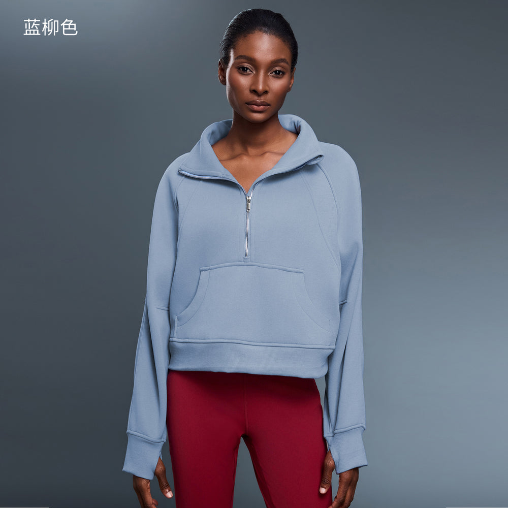 Women's fleece-lined half-zip high neck pullover sweatshirt - autumn/winter warm outerwear top - d25131