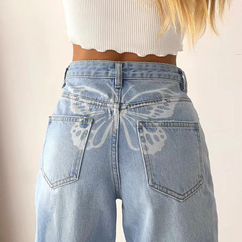 Self-built  fashion cross-border  new butterfly print light color mid-waist denim straight pants