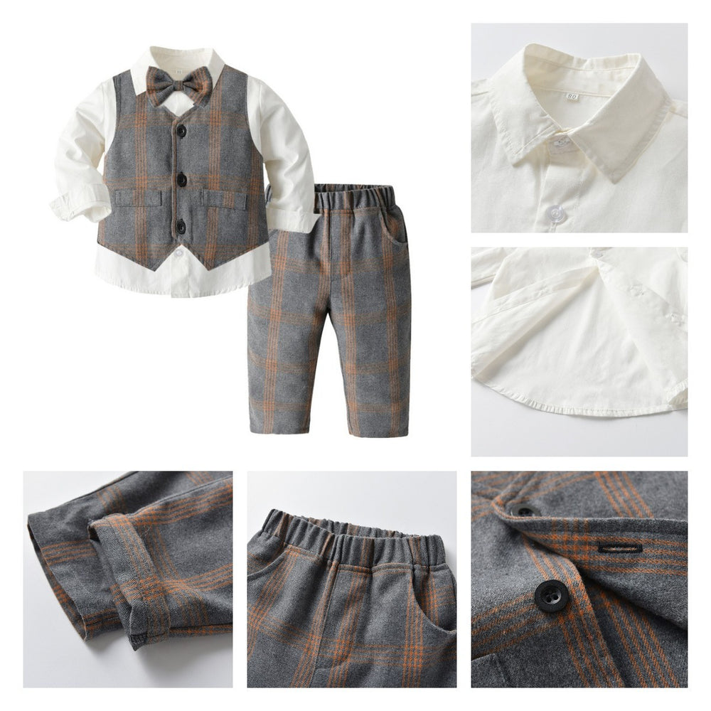 Factory direct children's spring fashion set: korean style plaid vest three-piece outfit for boys, kids' formal wear - in stock