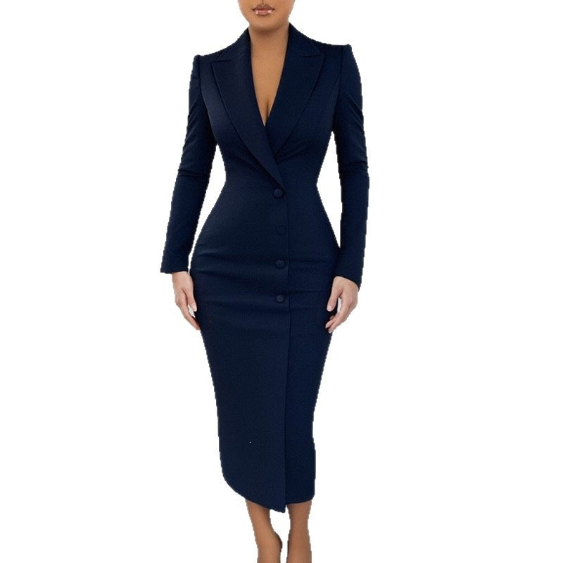 european and american export women's clothing: new women's fashion commuter v-neck single-breasted slim-fit long-sleeve blazer dress