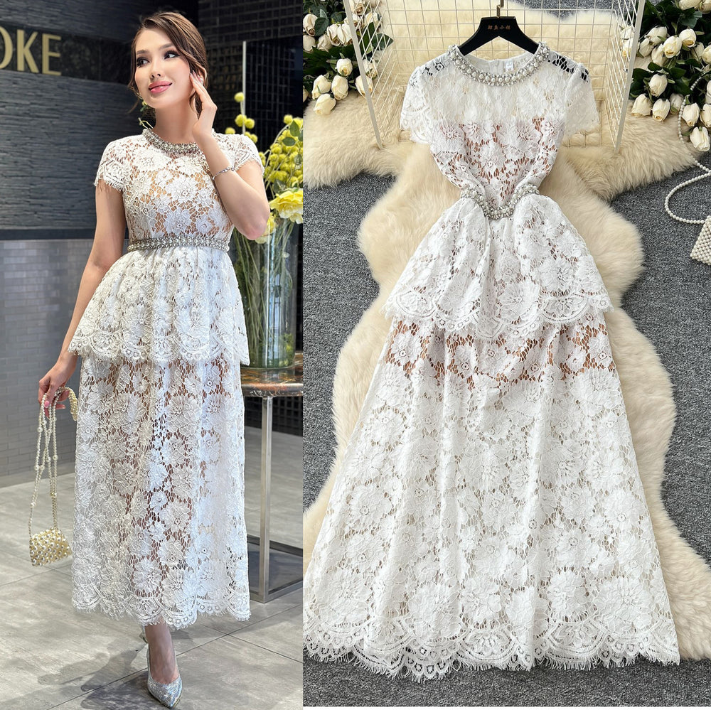 Frenchaccessible luxury celebrity heavy industry beading diamond round neck short sleeve waist lacedress women's slimming lookelegant long skirt