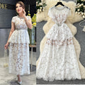 Frenchaccessible luxury celebrity heavy industry beading diamond round neck short sleeve waist lacedress women's slimming lookelegant long skirt