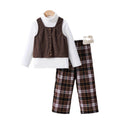 Export kidssuit brown corduroy vest high collar bottom shirt plaidpantsgirl british style three-piece set