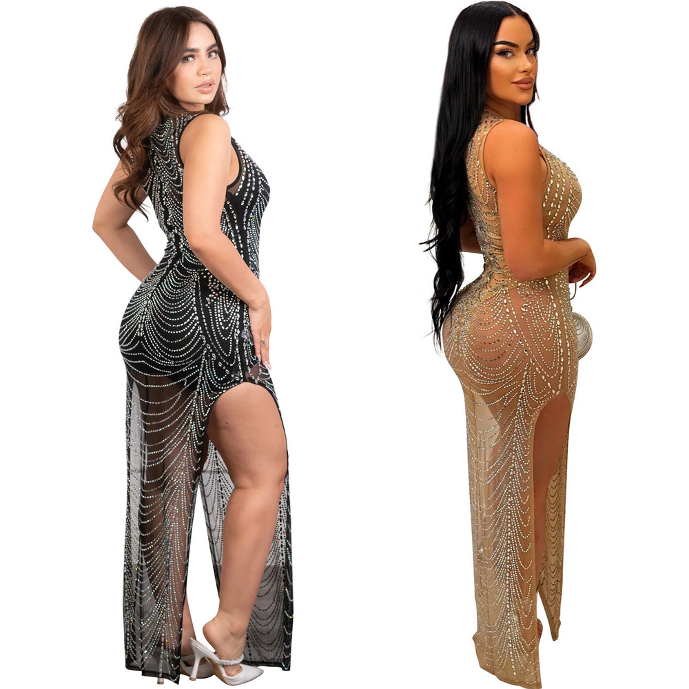 C6733 cross-border   fashion women's solid color mesh rhinestone sleeveless maxi dress