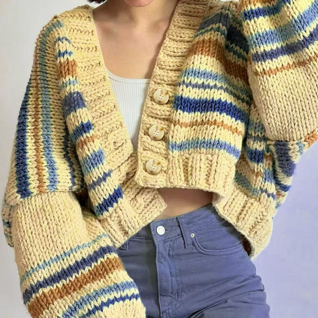 Cross-border Europe, America and early autumn 2025 new women's clothing lazy wind v-neck contrasting color loose knitted cardigan sweater jacket