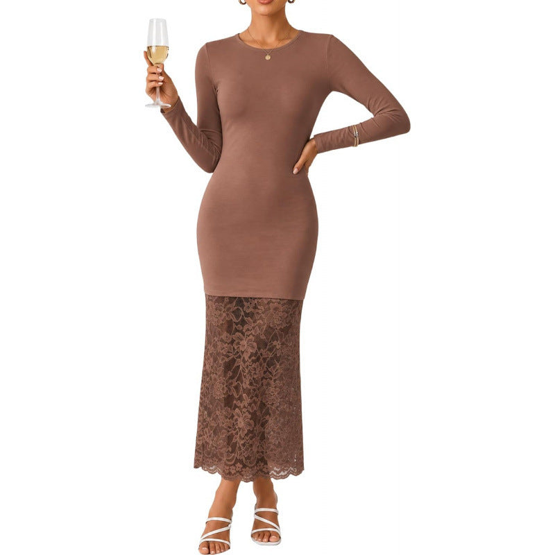 sweet style  autumn new arrival: high-end elegant long-sleeved maxi dress with lace paneling