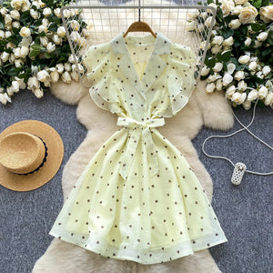 Fashionlove printing small flying sleeve dress women's summerruffles suit collar straps pure desire hot girl midi skirt