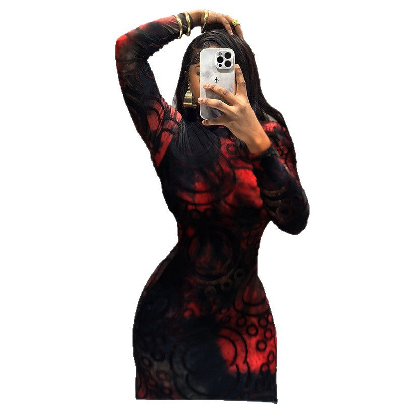 Fashion style cross-border charm printing women's clothing elegant color matching hip skirt sexy stand collar long sleeves waist trendy dress