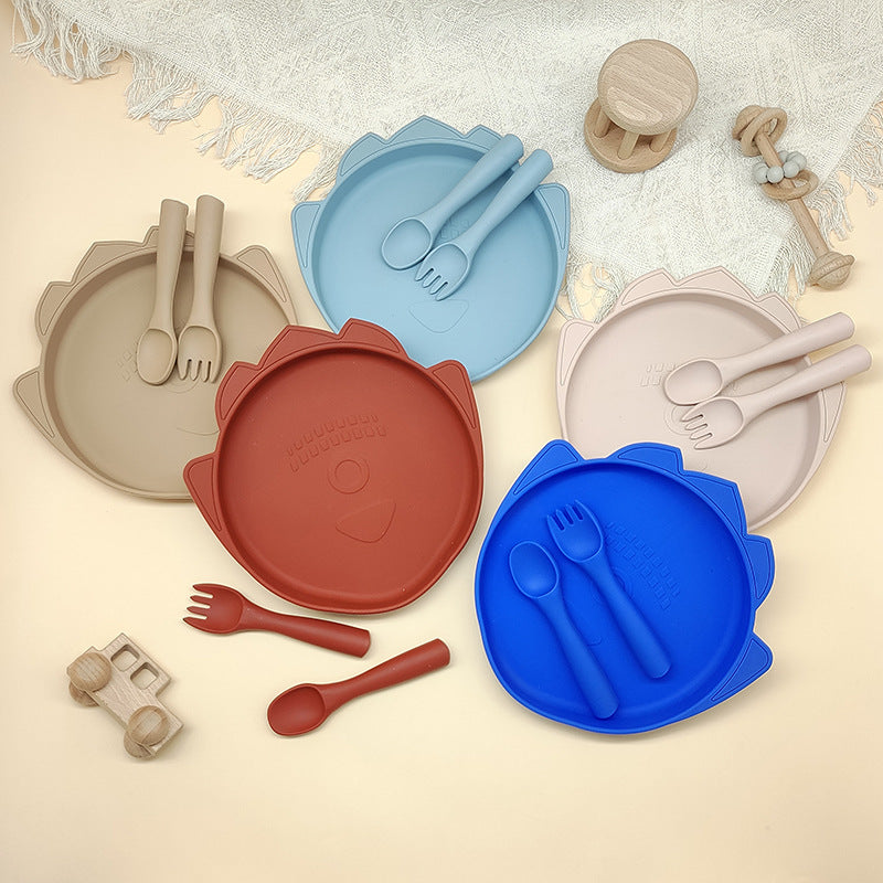 Factory wholesale baby suction cup dinner plate creative kindergarten anti-drop food grade silicone fork and spoon set silicone dinner plate