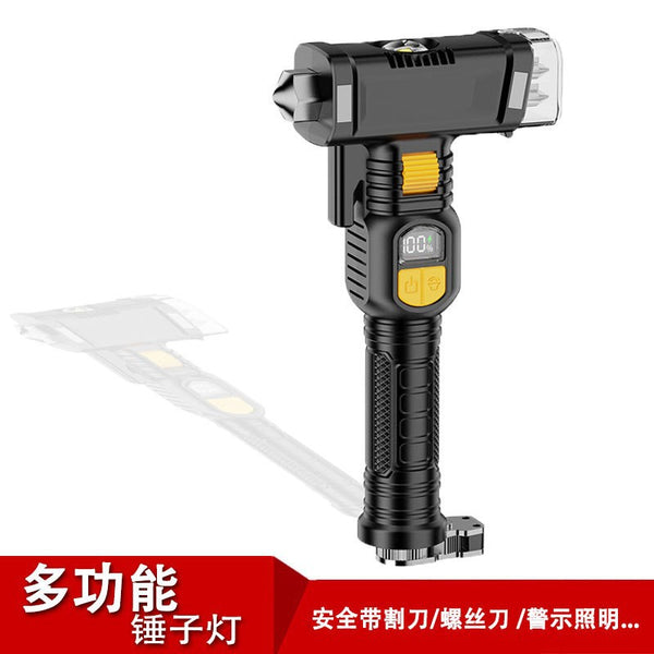 Multifunctional super long battery life strong light flashlight car window breaker cutting knife screwdriver red light warning with digital display