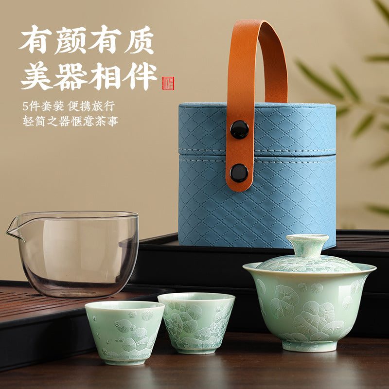 Crystal glaze travel tea set suit one pot two cups camping kung fu tea set gift portable quick cup sancai covered bowl