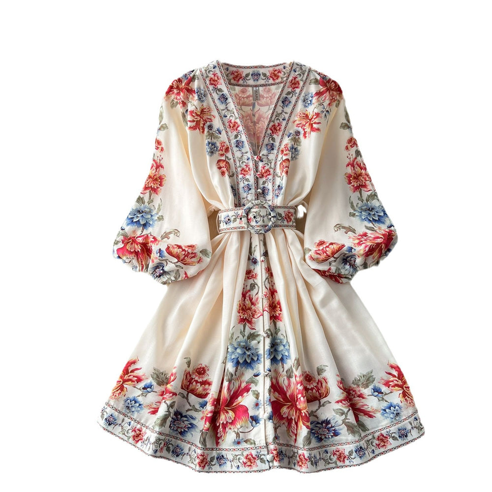 European and american retro chic v-neck lantern sleeve tie-waist slimming a-line midi fashion print dress