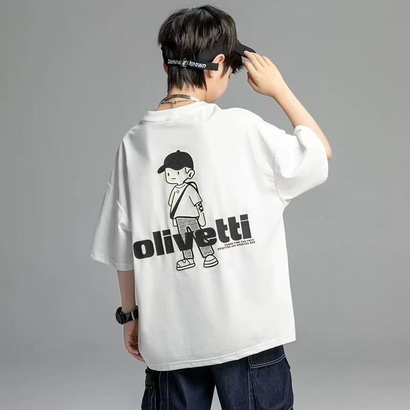 White cotton boys' short-sleeve t-shirt, summer  new arrival, loose fit, casual cartoon print, kids' half-sleeve 015