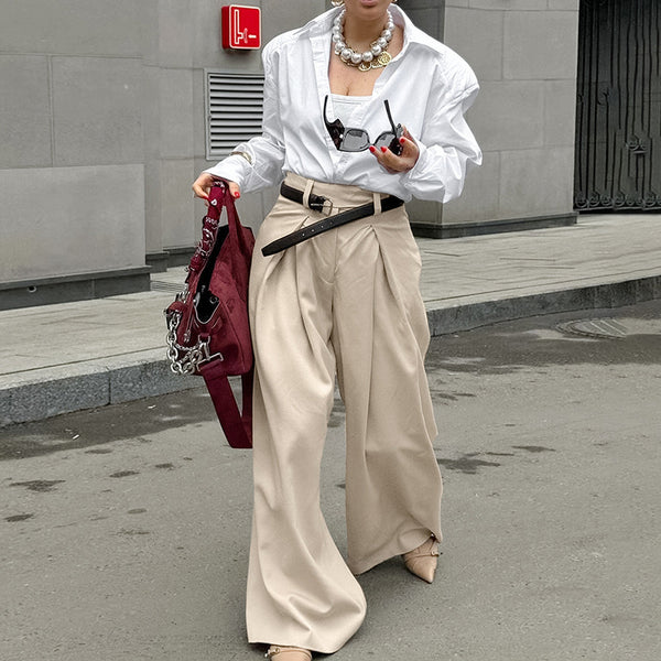 2024 autumn design pleated wide-leg pants women's fashion khaki casual drape pants extended women's clothing