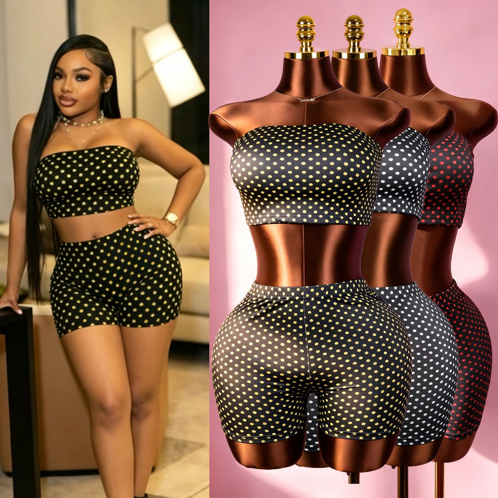 Amazon ins same style women's sexy hot girl black bottom polka dot tube top shorts two-piece set small person looks great