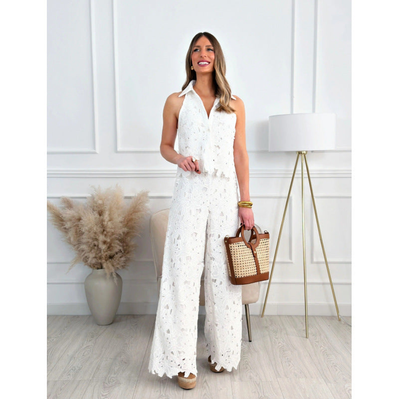 Amazon  summer french style embroidered cutout v-neck tank top + wide-leg straight-leg pants set