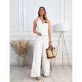 Amazon  summer french style embroidered cutout v-neck tank top + wide-leg straight-leg pants set