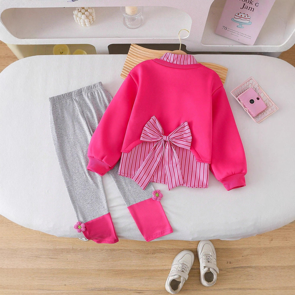 girls' spring/autumn new set: korean style fashionable bowknot faux two-piece shirt and leggings two-piece outfit