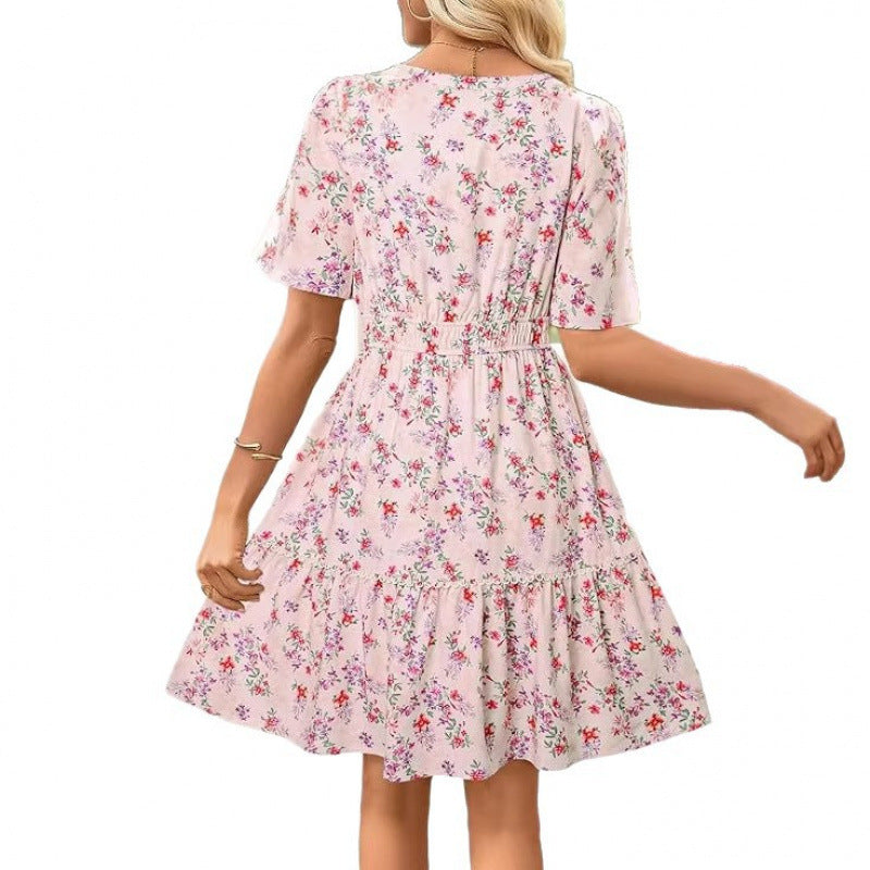 Amazon fashion short-sleeved a-line floral dress for women summernew arrivalbohemiav neck skirt