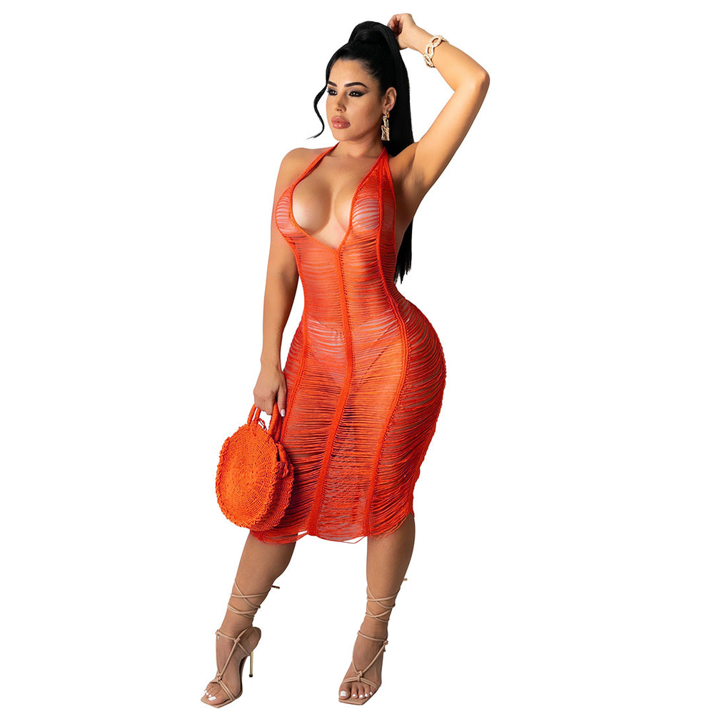 summer new sexy women's fashionable socialite hollow-out see-through beach knit bodycon dress halter knit dress