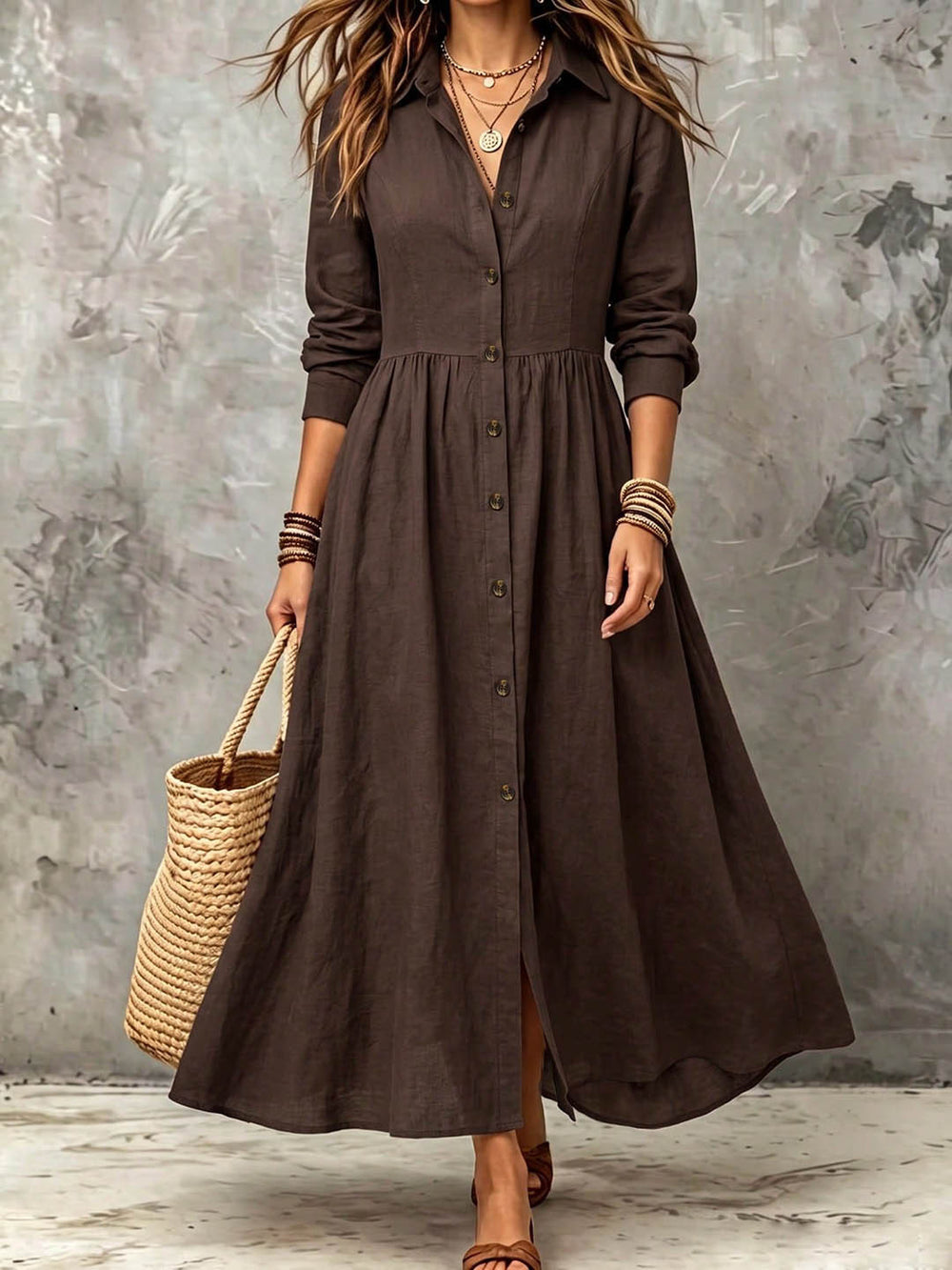 Plus size women's vintage shirt dress - long sleeve, button-down, notched collar, buttoned waist, pleated, flowy, loose fit, vacation style