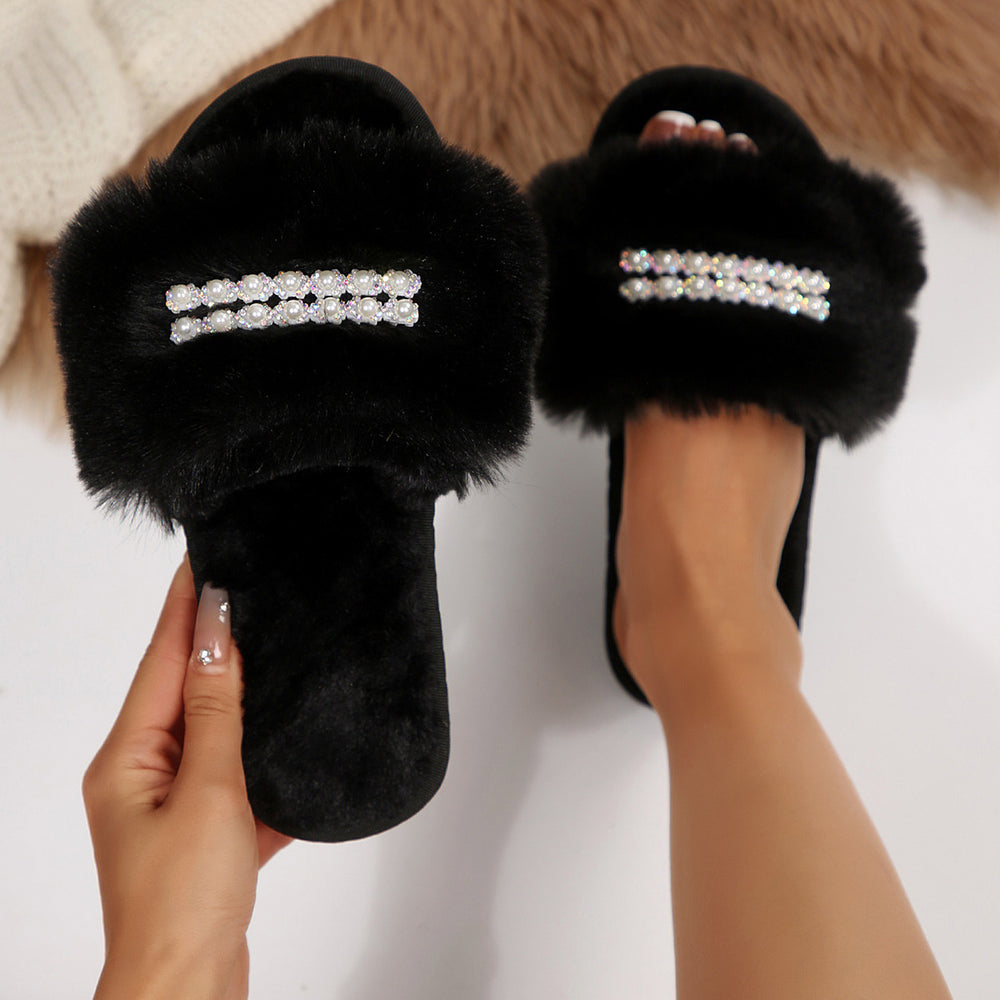 Exportnew arrival pearl chain large fur flats slippers women's fashion flip-flops home open cotton slippers cross-border