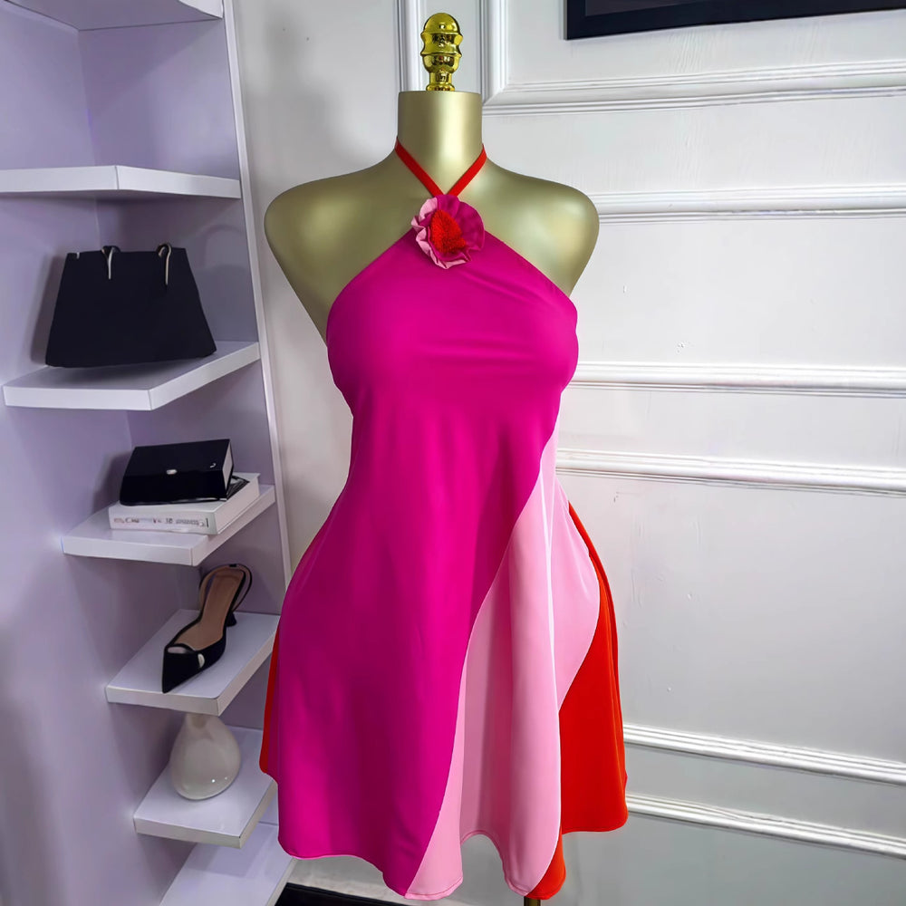 European and american cross-border women's fashion  summer new color block floral sleeveless halter neck backless tie-up mini dress
