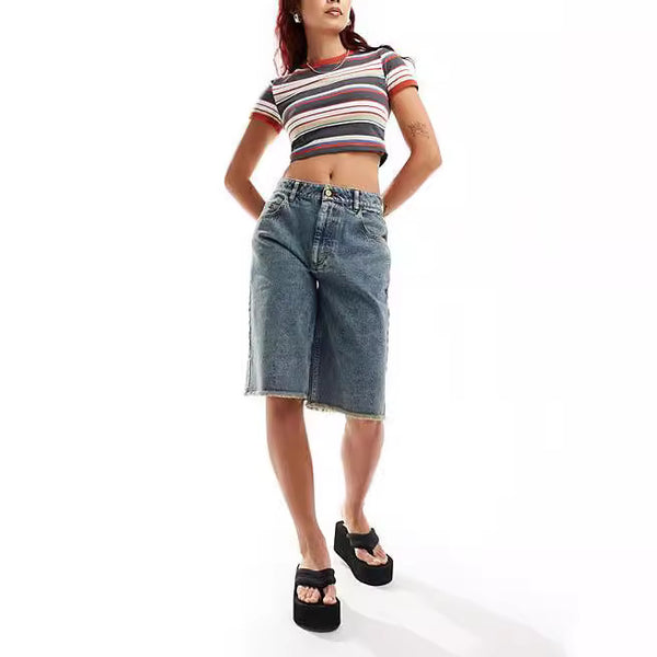 TUME European and American   supply loose and non-elastic casual jeans women's medium pants cropped pants