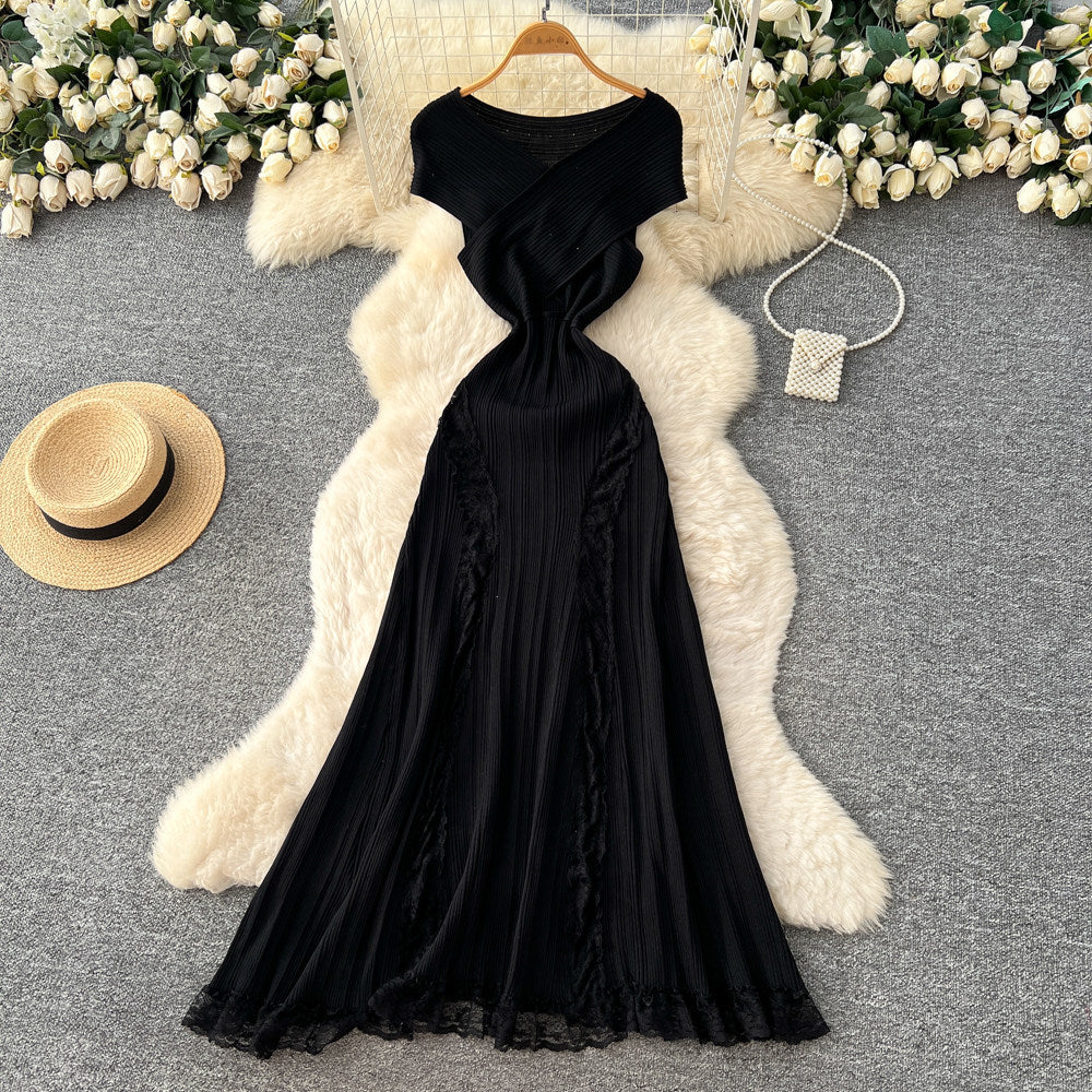 Luxury off-the-shoulder lace trim a-line knit dress - women's summer sleeveless high-end commute chic maxi dress