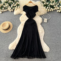 Luxury off-the-shoulder lace trim a-line knit dress - women's summer sleeveless high-end commute chic maxi dress
