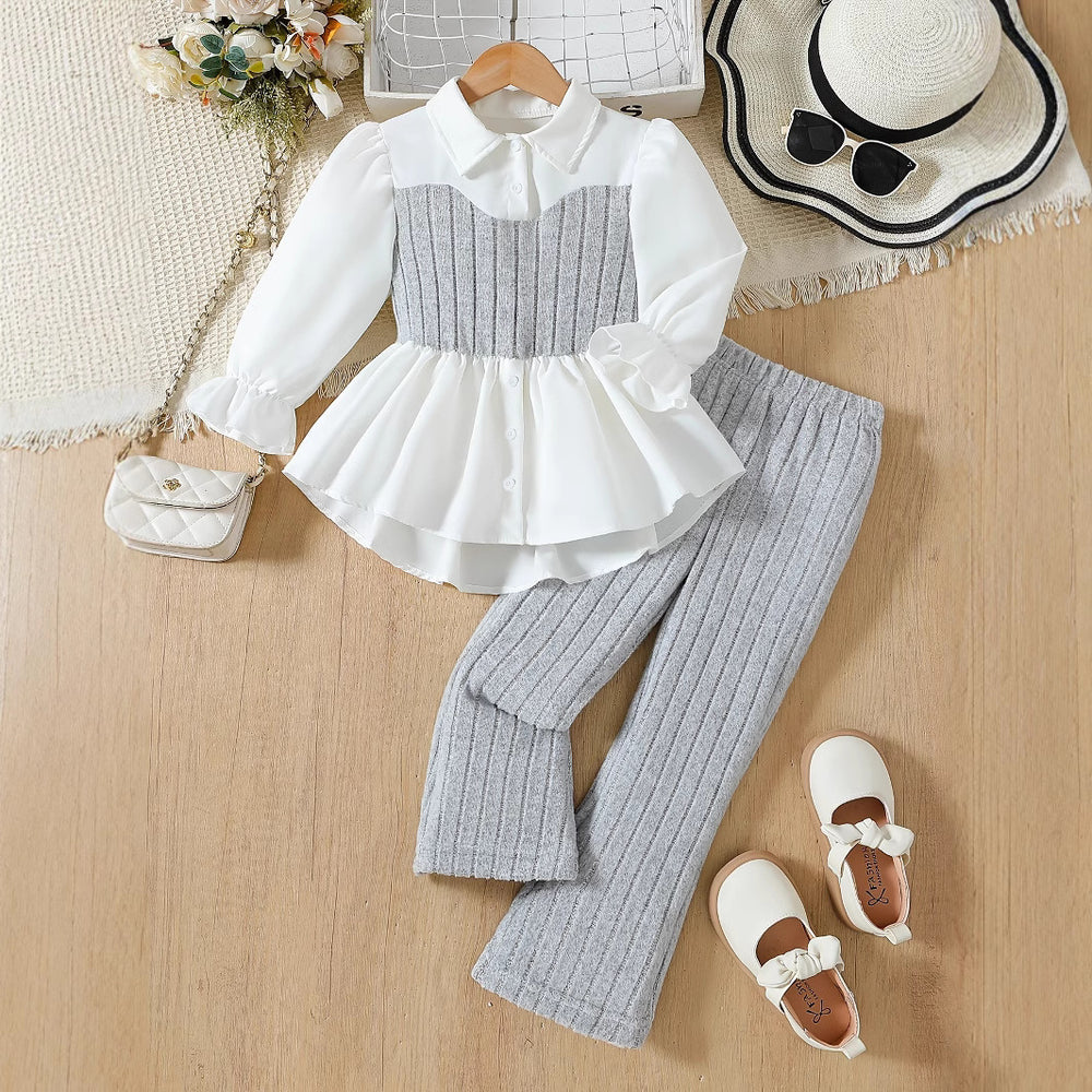 girls' pink knitted vest & lace-trimmed shirt set with woolen striped trousers - two-piece outfit for kids