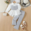 girls' pink knitted vest & lace-trimmed shirt set with woolen striped trousers - two-piece outfit for kids