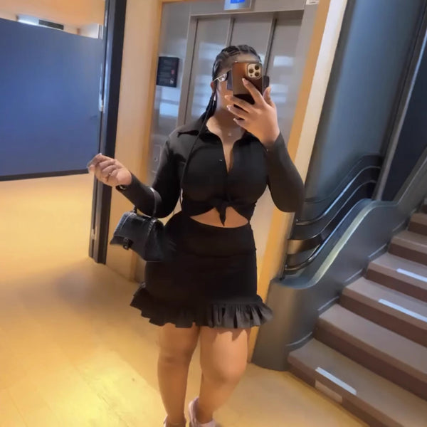 European and American women's clothing   new lapel cardigan lace-up short long-sleeved top, ruffle edge short skirt set