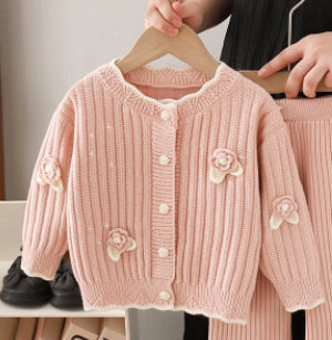Girls' knit sweater jacket & pants set - new  collection with handmade floral accents