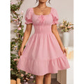 fashion  summer new arrivalelegantrufflespure color puff sleeve square neck shortdress
