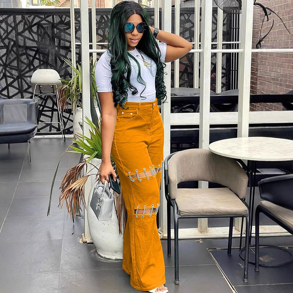 European and american style high-waisted jeans -  cross-border women's fashion  new collection - patchwork casual distressed chain detail pants