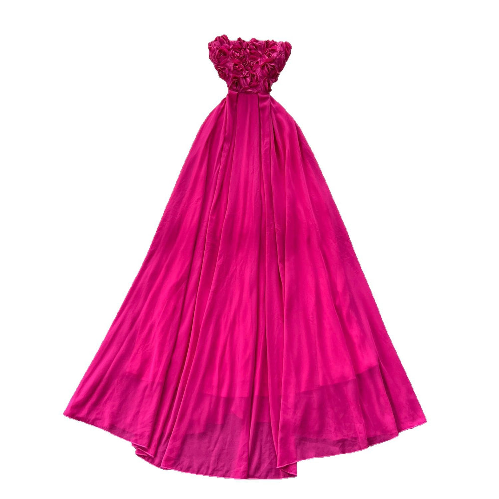 Fuchsia dress women's summer french style 3d floral sleeveless cinched waist slimming elegant long mesh party dress