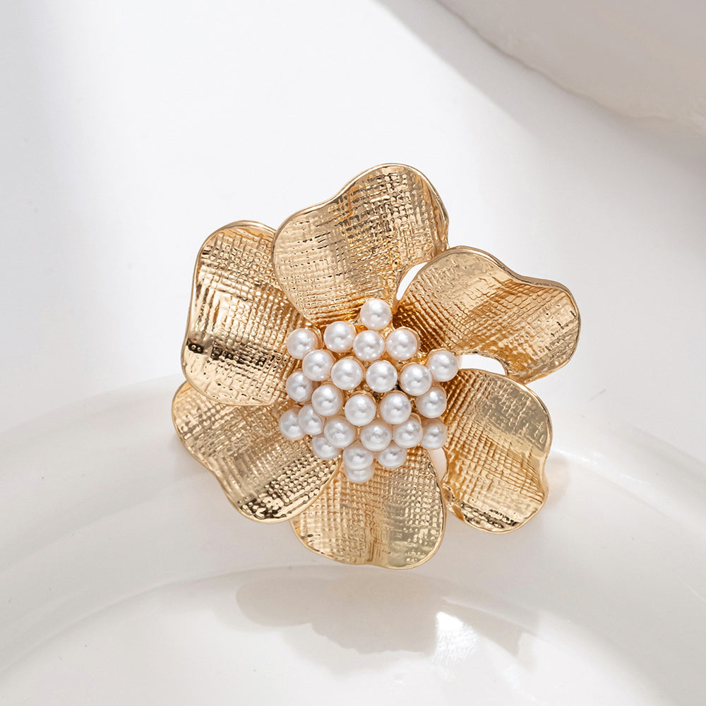Wholesale floral rings - cross-border vintage statement pearl jewelry - women's high-end baroque irregular open ring