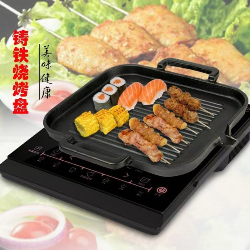 Cast iron square double handle flat bottom striped steak barbecue frying pan grilled beef fried fish fillet striped without chemical coating