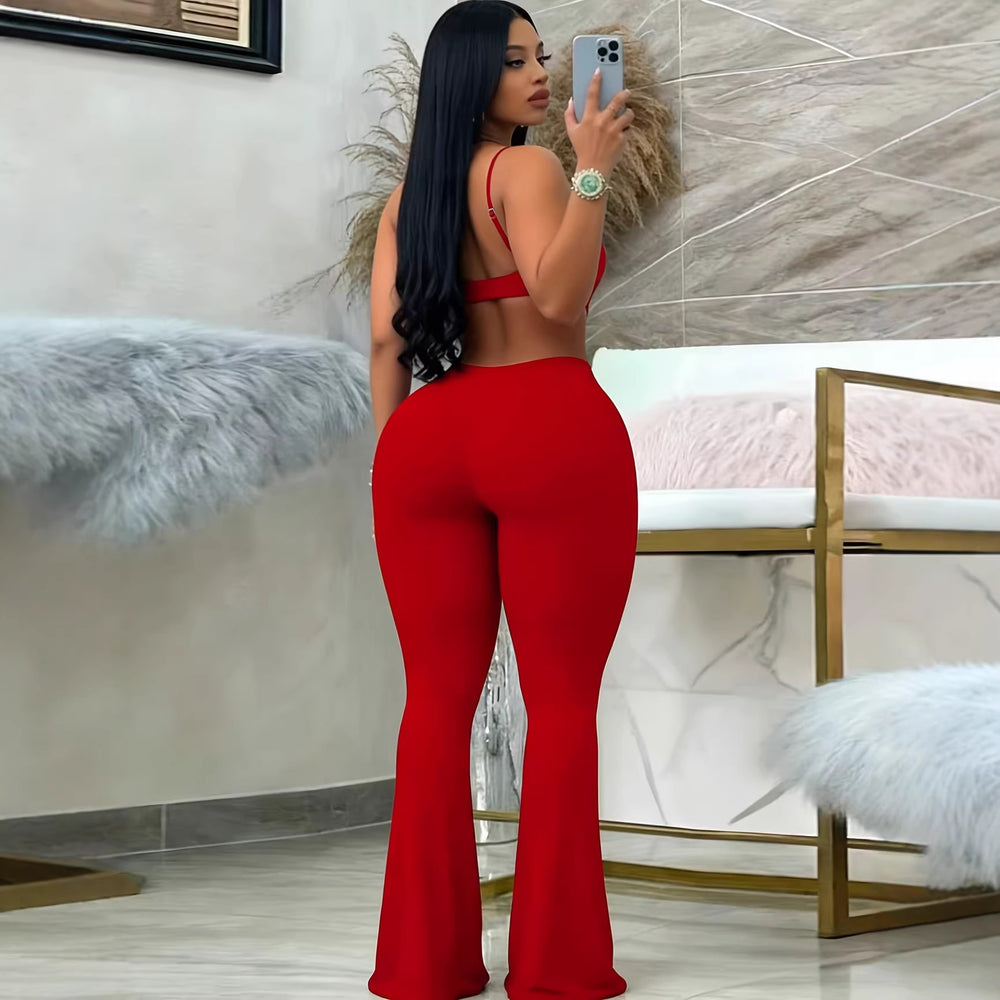 fashion women's spring/summer new arrivals: elegant spaghetti strap solid color knit top with hollow-out one-piece flared pants
