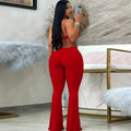 fashion women's spring/summer new arrivals: elegant spaghetti strap solid color knit top with hollow-out one-piece flared pants
